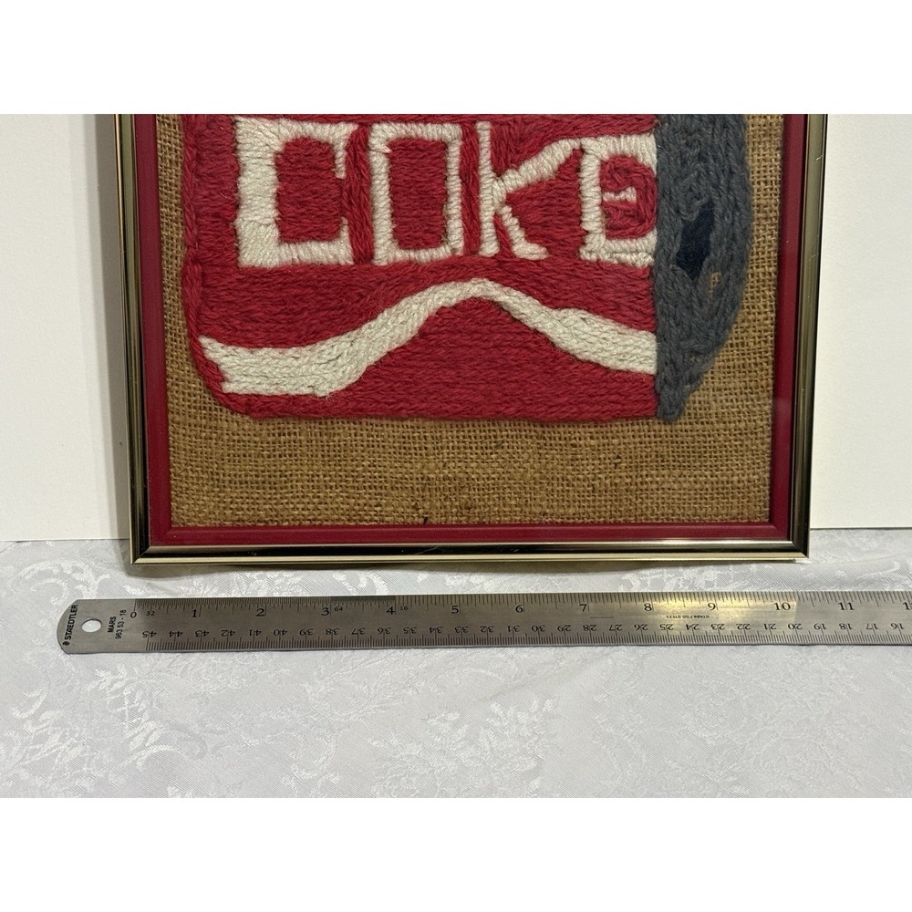 VTG Folk Art Original Enjoy Coca-Cola Framed Needlepoint Fiber On Burlap 11"x11" - Picture 5 of 9